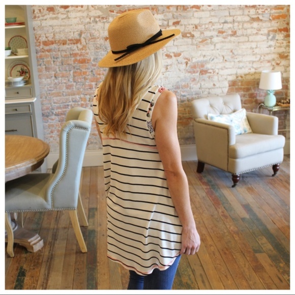 LAST ONE! Ivory Pin Strip Floral Trim Tunic - Picture 4 of 4